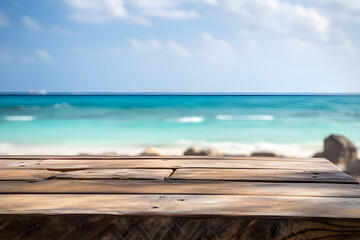 Fototapeta na wymiar Wood table with ocean background. summer background. Generative AI