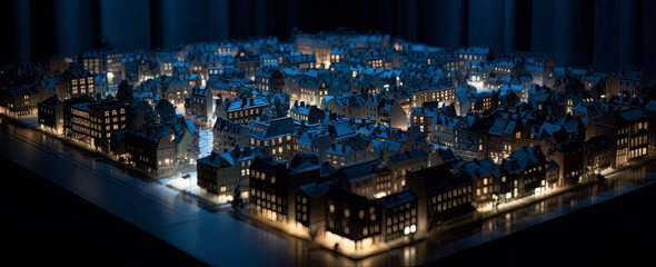 a city with lights in the middle, in the style of detailed miniatures