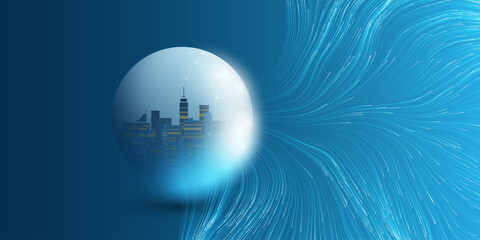 Futuristic Smart City, IoT and Cloud Computing Design Concept with Lines - Digital Network Connections,  Nerve Fiber, Energy or Data Flow into City Center Inside a Globe, Technology Background Vector