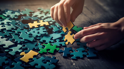 Finding a Solution. Providing a solution to a difficult or complex problem. Solving a very difficult, complicated jigsaw puzzle. Solution, matching, integration concept