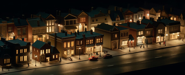 Fototapeta premium large street lights and houses in the city, in the style of miniature illumination, light gold and dark azure