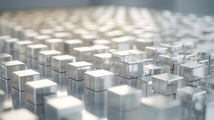 Rising data blocks. Data intelligence, archive, big data and core data concept image. white chrome metallic blocks rising in a cluster. Shallow depth of field. 3D rendering