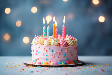 Festive birthday cake with sprinkles, burning colorful candles and delicious cream, cake on a flat background in delicate pastel light colors with copy space. Generative AI