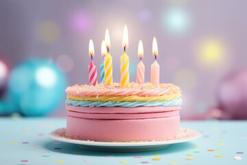 Festive layered birthday cake with sprinkles, burning candles and delicious cream, cake on a flat background in delicate pastel light colors with copy space. Generative AI