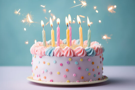 Festive birthday cake with sprinkles, burning candles and delicious pink blue cream, cake on a flat background in delicate pastel light colors with copy space. Generative AI