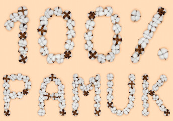 Lettering 100% pamuk from Turkish language means cotton, made of cotton flowers. Concept of organic raw material.