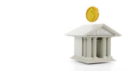 3d rendering of bank building symbol with golden coin investment, banking financial concept