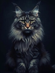 Naklejka na ściany i meble Maine Coon cat isolated on a dark background, studio shot. Generative AI
