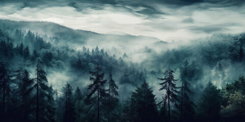 Misty landscape with fir forest in vintage retro style. Generative AI
