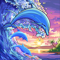 Image of Illustration of dolphins in the sea printed on Printed Aluminium Shower Panels
