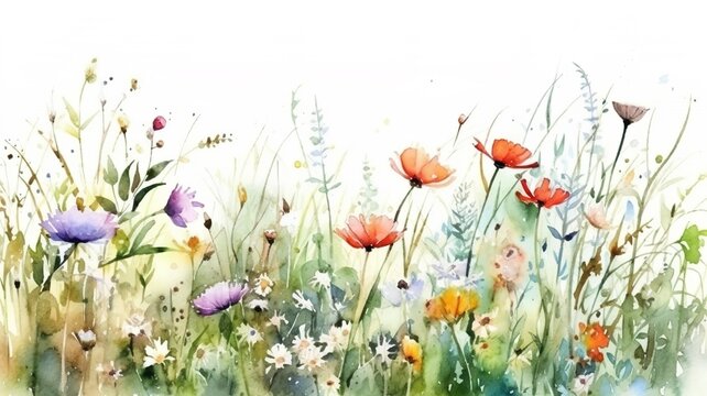 beautiful landscape with colorful flowers painted in watercolor