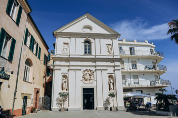Santo Stefano al mare, Italy - June 11, 2023: Facade of the church in Santo Stefano al mare, Oratory of the Holy Christ