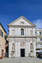 Fototapeta na wymiar Santo Stefano al mare, Italy - June 11, 2023: Facade of the church in Santo Stefano al mare, Oratory of the Holy Christ