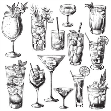 Hand Drawn Engraving Pen and Ink Cocktails Collection Vintage Vector Illustration