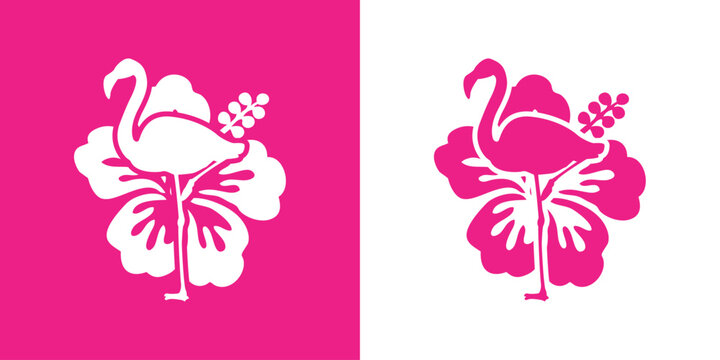 Logo vacaciones en para&iacute;so tropical. Silueta de flamingo con flor de hibisco