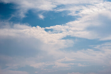 Scattered cloud clusters in a blue sky, blue sky background with white clouds.