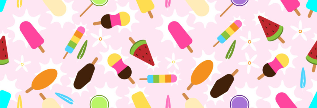 Ice cream of variable shape and different flavors. Seamless summer pattern.