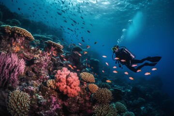 Fototapeta premium A scuba diver is floating gently through a vibrant coral reef, observing a bustling community of tropical fish in various colors and shapes . Generative AI