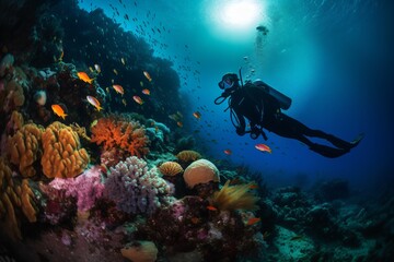 Fototapeta na wymiar A scuba diver is floating gently through a vibrant coral reef, observing a bustling community of tropical fish in various colors and shapes . Generative AI