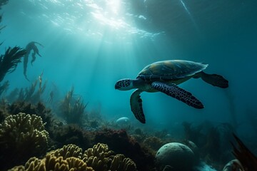 Fototapeta premium A lone diver hovering near a large sea turtle, both seeming to enjoy a moment of peace amid a kelp forest . Generative AI