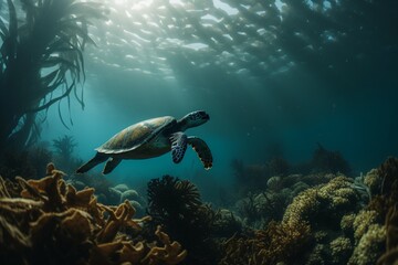 A lone diver hovering near a large sea turtle, both seeming to enjoy a moment of peace amid a kelp forest . Generative AI
