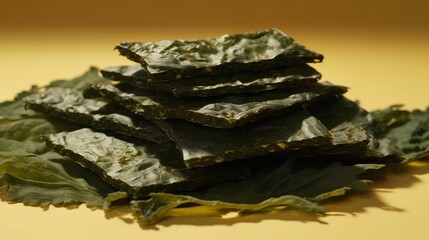 Seaweed snacks, a popular healthy treat rich in nutrients. The unique texture and deep green color of these marine-derived snacks, often enjoyed for their health benefits. Generative A