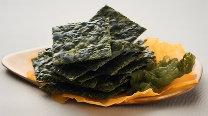 Seaweed snacks, a popular healthy treat rich in nutrients. The unique texture and deep green color of these marine-derived snacks, often enjoyed for their health benefits. Generative A