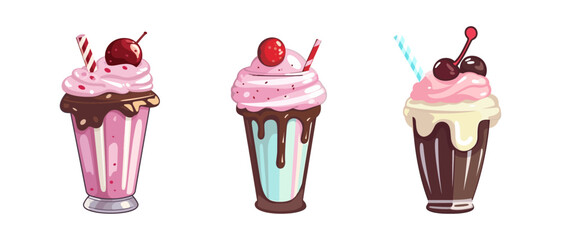 Vector set berry milkshake sticker illustration cartoon flat style. Milk shake with whipped cream sweet dessert with cherries	