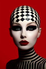Illustration of a woman with bold black and white striped face paint. Pop Art and Op Art inspired imagery, created with Generative AI technology