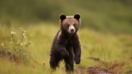 bear cub frolicking outdoor in wild nature, generative ai