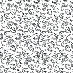  Seamless seafood pattern. Drawn seafood background