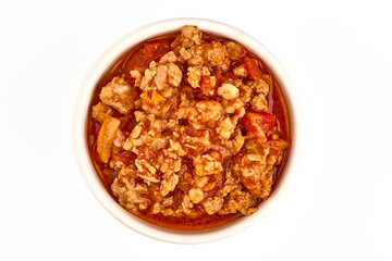 Bolognese sauce in a bowl, isolated on white background.