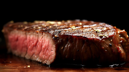 Macro shot of a semi-raw grilled steak on a plate. by Generative AI.
