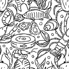  Seamless seafood pattern. Drawn seafood background
