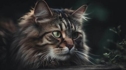 black and white fluffy cat in nature, generative ai