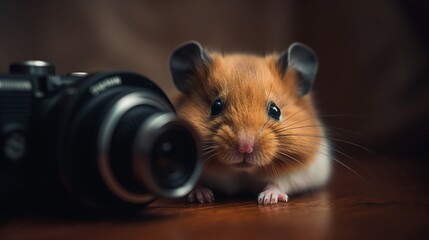 hamster with camera sitting on the table by generative ai