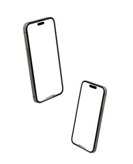 Mockup smart phone 14 with blank screen and modern frameless design in two rotated perspective positions - isolated on white background - Clipping Path