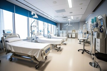 Clean Modern Bright Patients' Hospital Room Interior with Beds. Generative ai