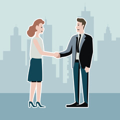 Business people shaking hands isolated on city background. The office people came to an agreement and concluded the deal with a handshake. Template for banner or infographics.Flat vector illustration.