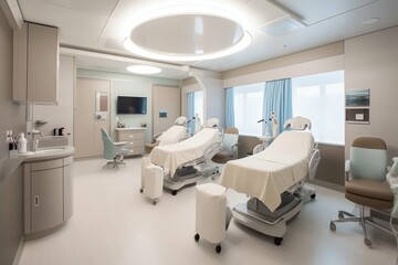 Clean Modern Bright Patients' Hospital Room Interior with Beds. Generative ai