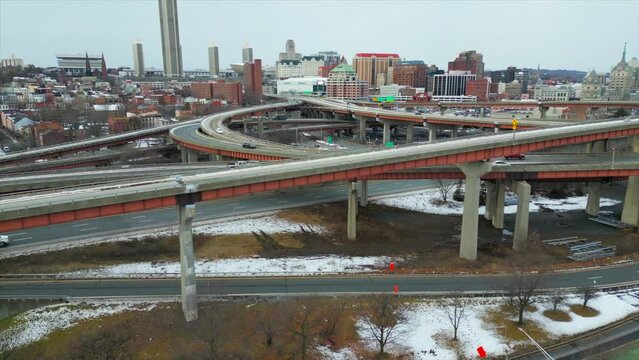 Aerial View of Interstate 787 Exchange and Downtown Albany Skyline