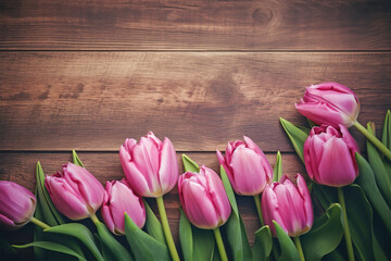 Pink tulip flowers in corner of wooden background with copy space