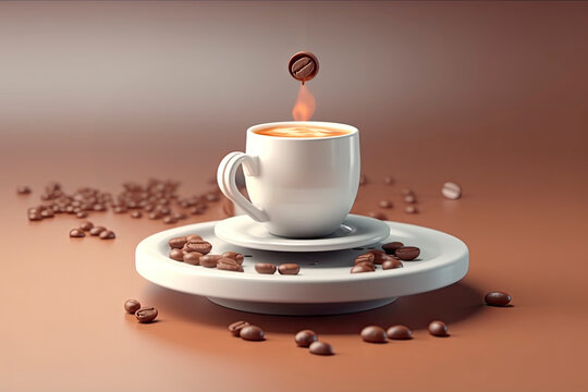 A plate and a cup filled with hot coffee stand on the table, with a coffee bean rotating on top of a heat flame. Coffee beans are scattered on the table. Generative Ai