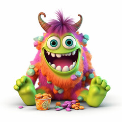 Naklejka premium Cartoon color monster eating sweets and cackes on white background