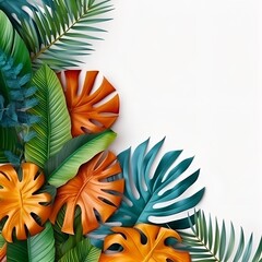 Naklejka premium Creative layout made of colorful tropical leaves on white background. Minimal summer exotic concept with copy space. Border arrangement.