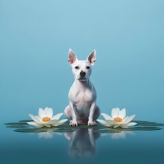 A water lily on which a dog sits and meditates on a blue pastel background