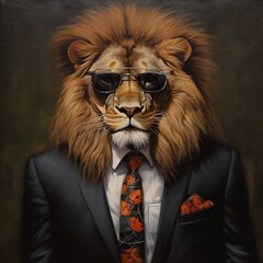 Lion with black suit and glasses portrait