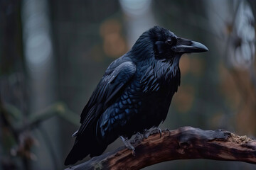 raven on a branch,gloomy magical forest on an oak branch a raven is sitting,crow on a tree