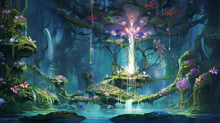 Enchanted fairy forest. Fantasy magical mystic digital painting landscape. AI illustration for background, wallpaper, story and card design, book cover.