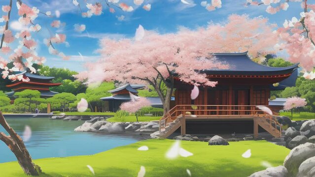 Animated background of cherry blossom trees and traditional house in the Japanese anime watercolor painting style enhances the beauty of a fantasy spring in nature. seamlessly loops animation video.